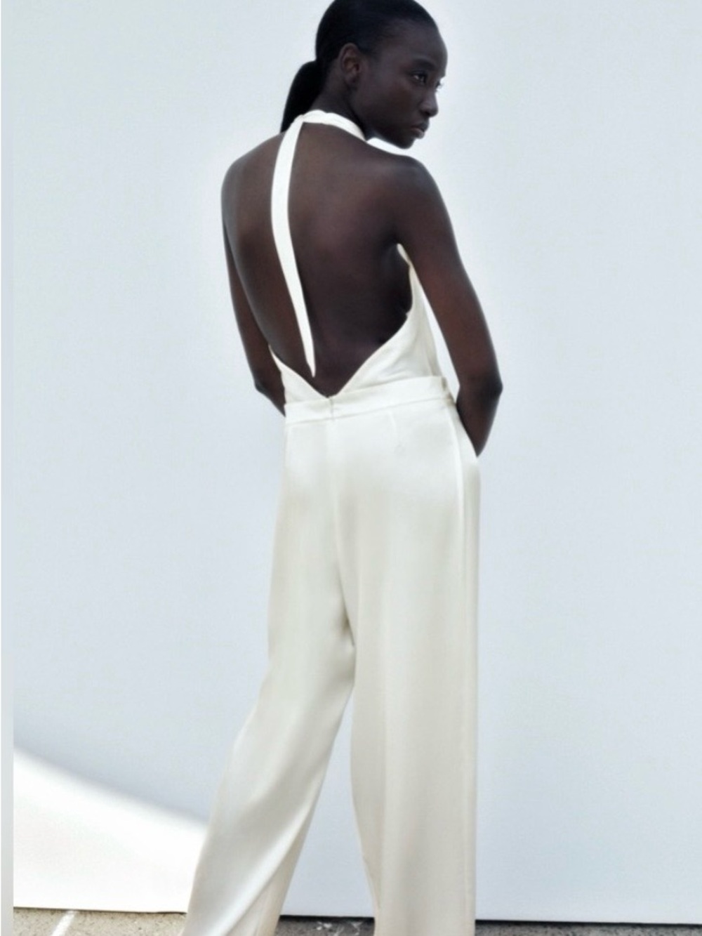 NWT Zara Satin Effect Halter Draped Jumpsuit Size M Cream - Picture 3 of 11